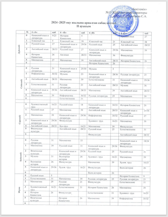 2024-2025 оқу жылындағы 6-сыныптардың сабақ кестесі/ Расписание занятий 6-х классов  на 2024-2025 учебный год