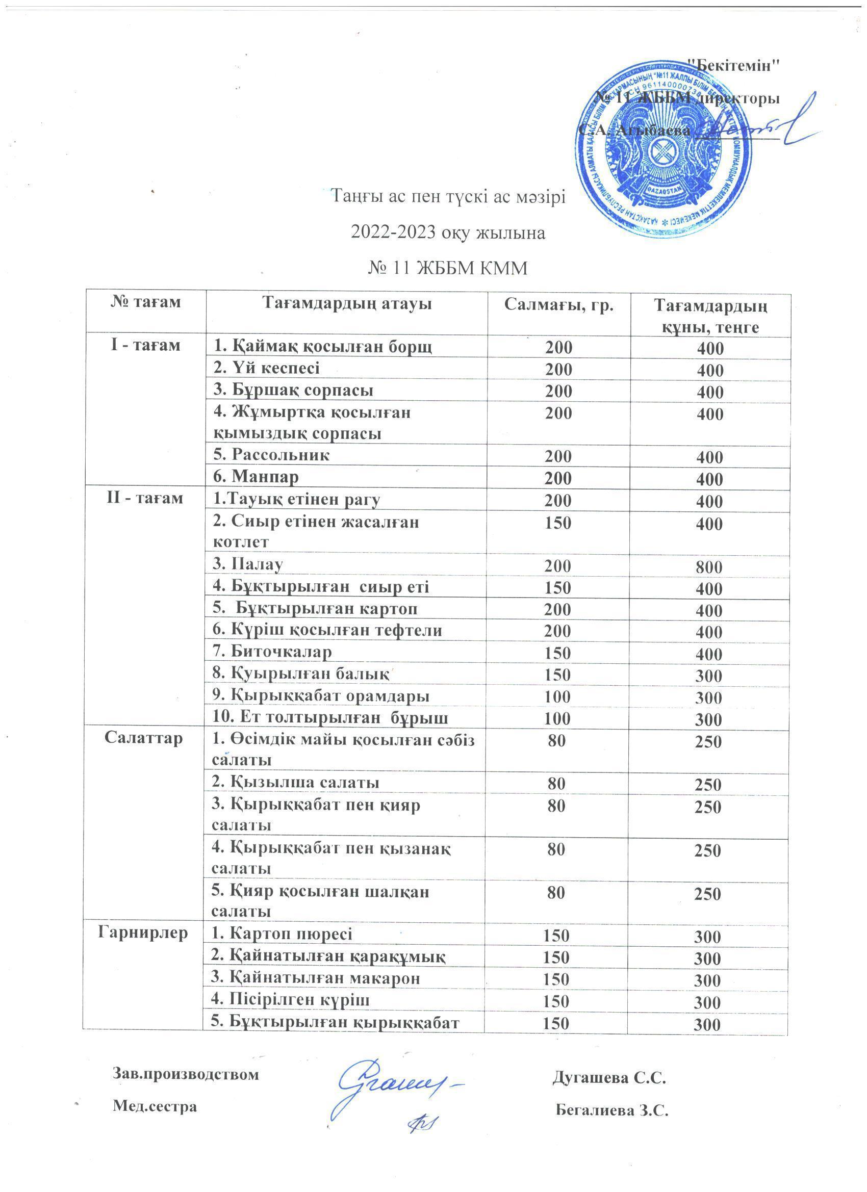 Кешенді ақылы мәзір / Комплексное платное меню
