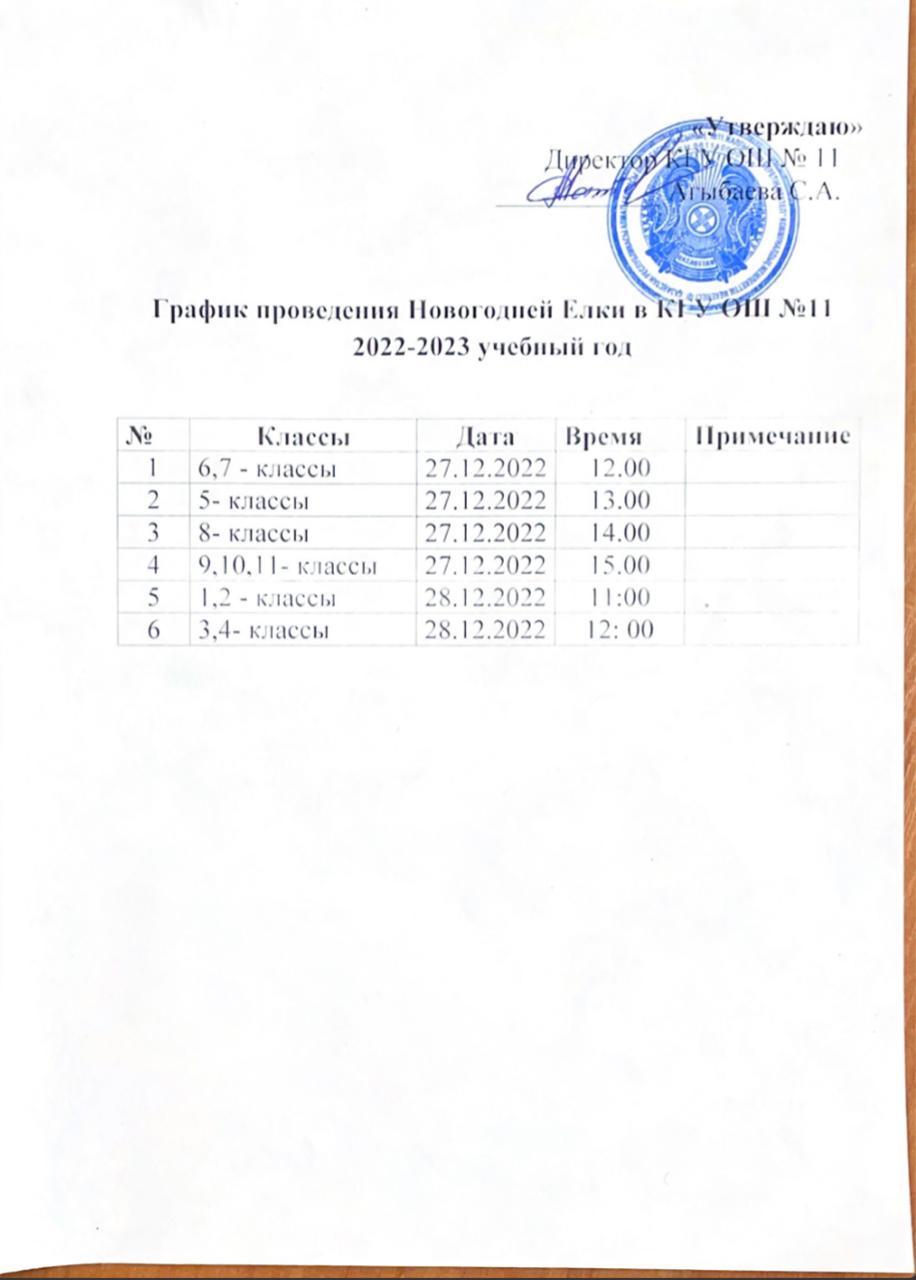 Жаңа Жылдық шыршаның өткізілу кестесі   График проведения Новогодней елки
