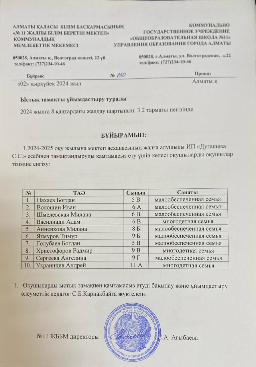 Тамақтануды ұйымдастыру туралы бұйрық/Приказ об организации питания