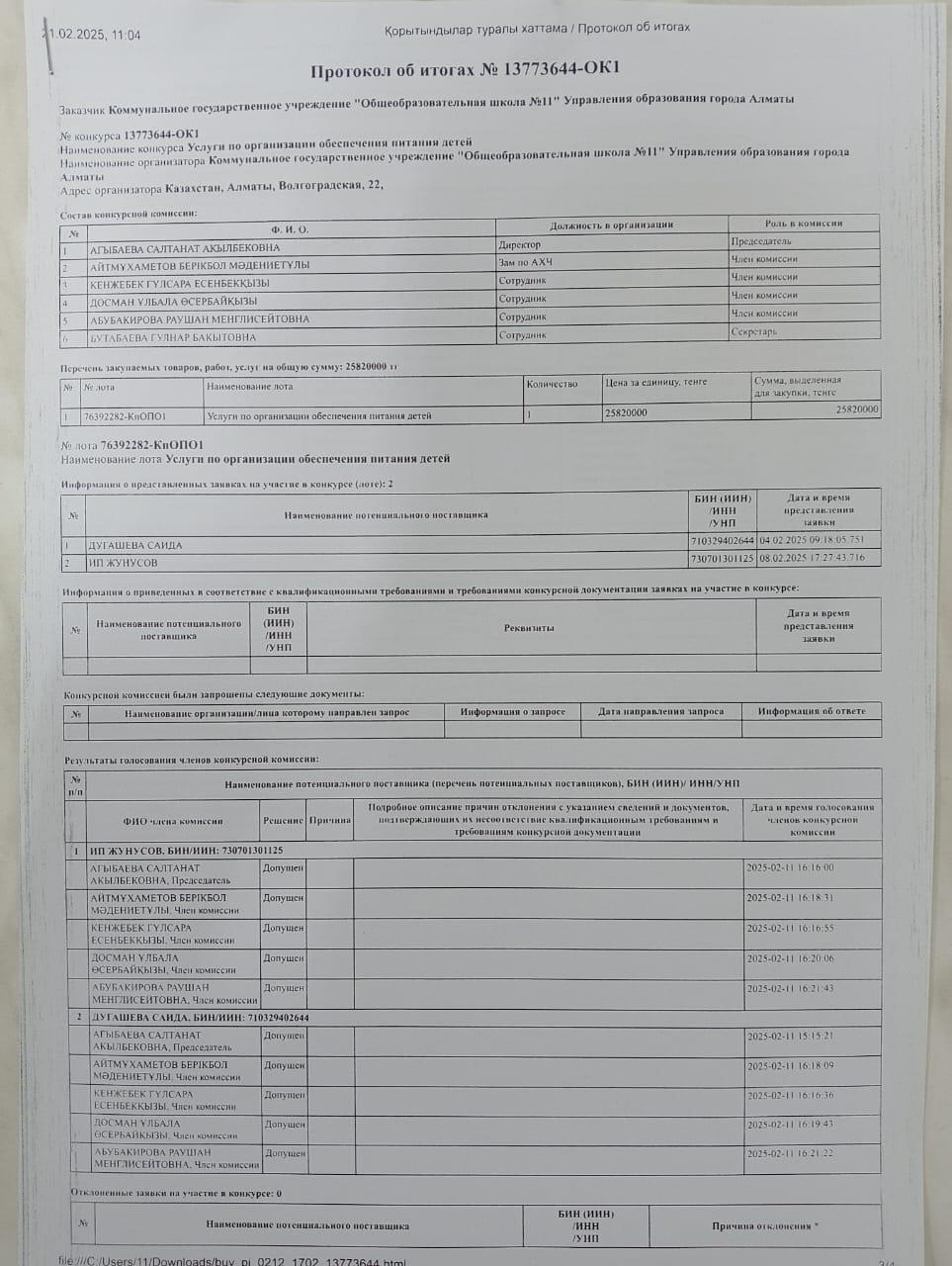 Тамақтану бойынша конкурс хаттамасы/Протокол конкурса по питанию