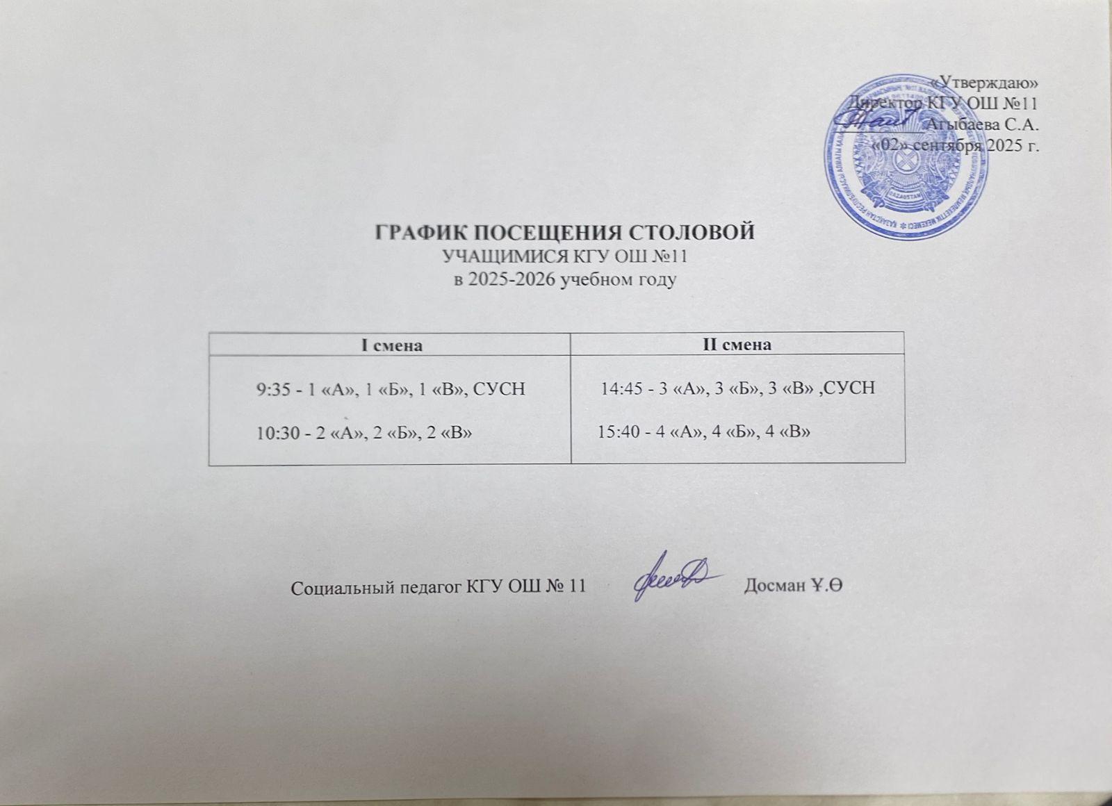 Тамақтану кестесі/График питания