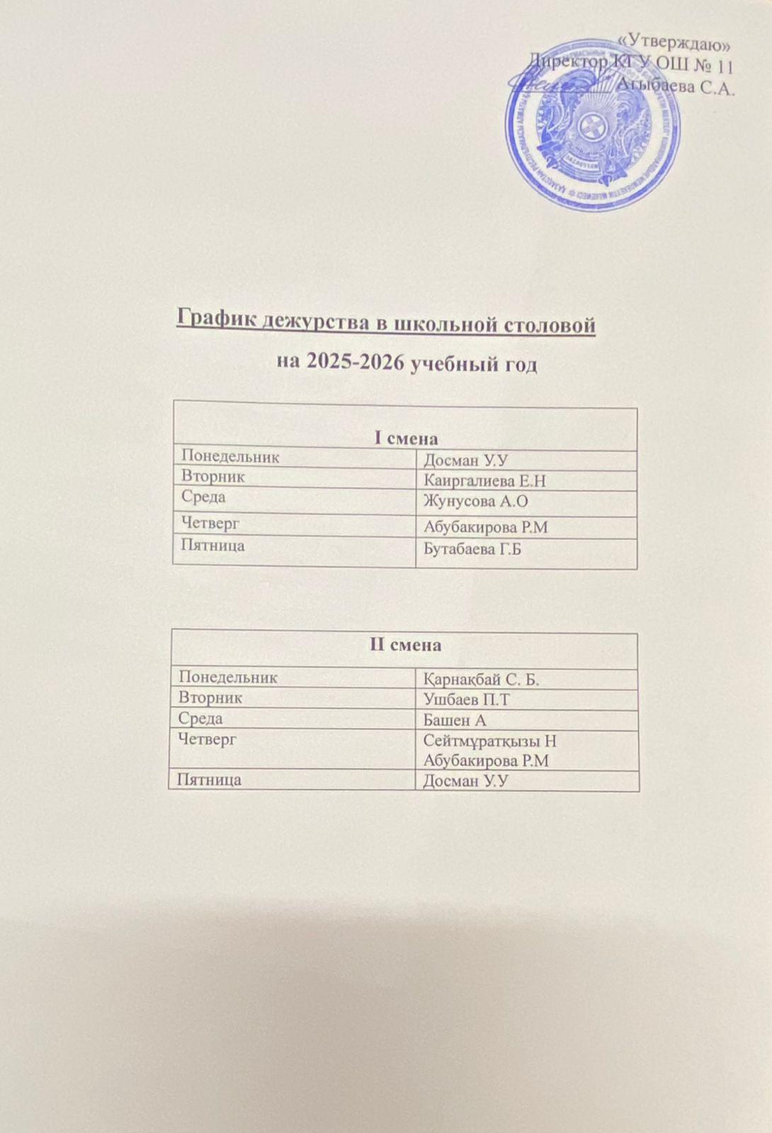 Мұғалімдердің кезекшілік кестесі/График дежурства учителей